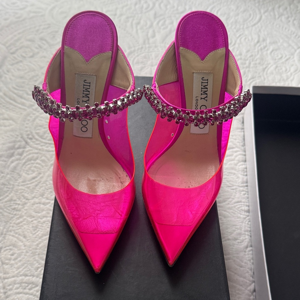 Jimmy Choo Hot Pink Crystal-Embellished Pointed Toe Mules